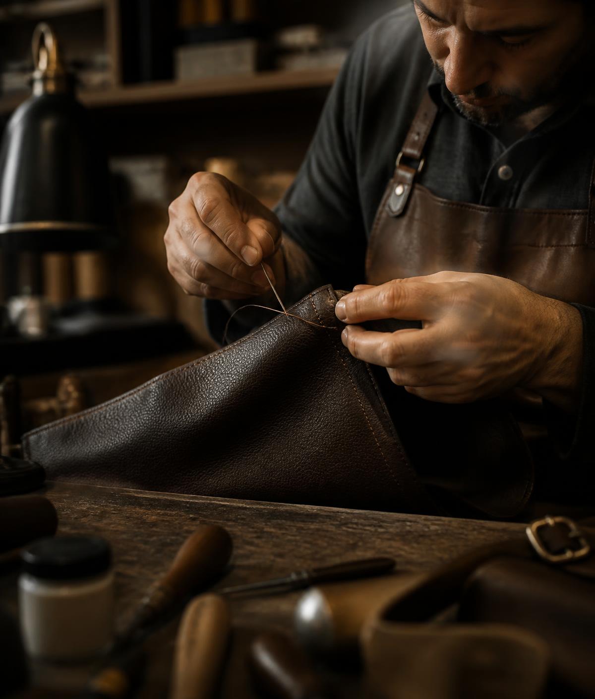Artisan hand-finishing a leather panel at the workbench